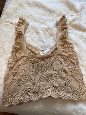 Ruffled Knit Tank Top in Beige